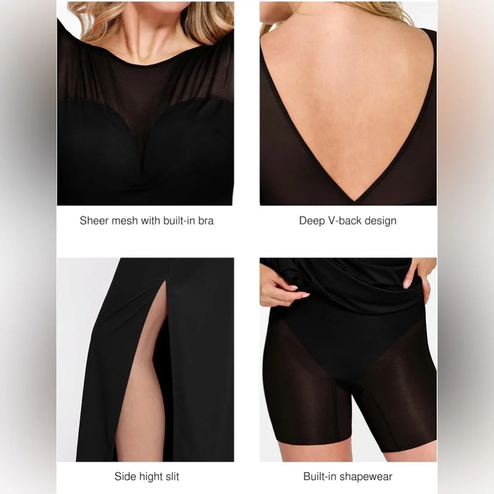 Popilush Long Sleeve Prom Maxi Dress for Women Mesh Shapewear Bodycon Dress - Picture 2 of 8